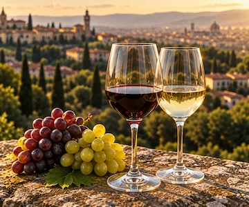 Tuscan red and white wine with grapes overlooking Florence
