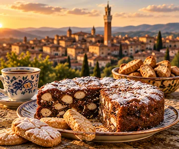 Traditional Panforte and Ricciarelli sweets overlooking Siena at sunset