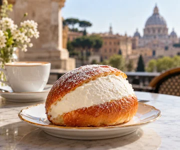 Traditional Roman maritozzo filled with whipped cream, with St. Peter's Basilica in the background