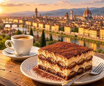 Tiramisu and espresso with panoramic view of Florence