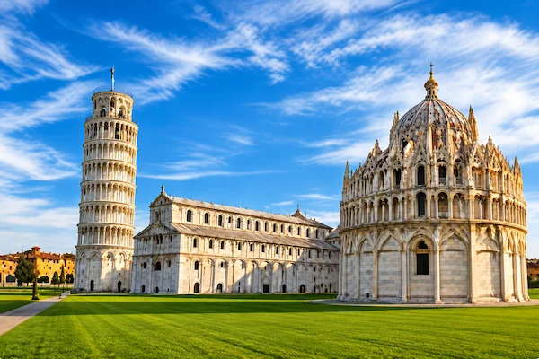 Leaning Tower of Pisa, Cathedral and Baptistery in Piazza dei Miracoli