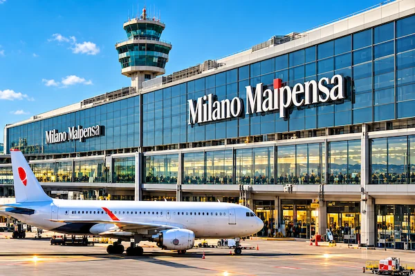 Milan Malpensa Airport terminal with aircraft and control tower
