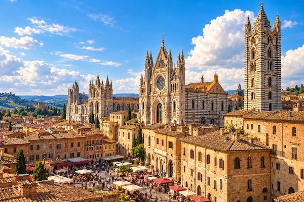 Panoramic view of Siena Cathedral and the historic centre of Siena, Tuscany, Italy.