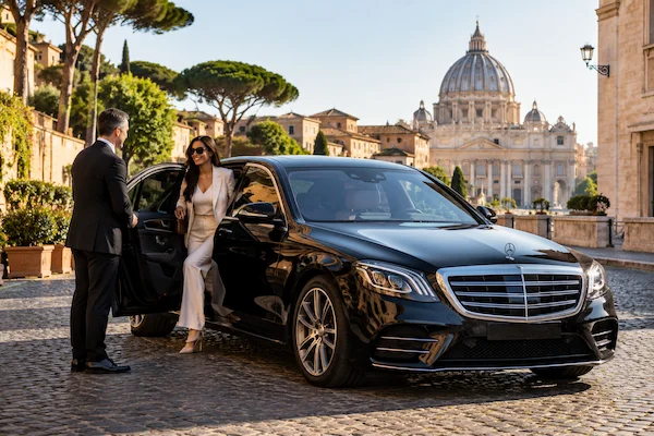 Private chauffeur service in Rome with luxury Mercedes vehicle near St. Peter's Basilica