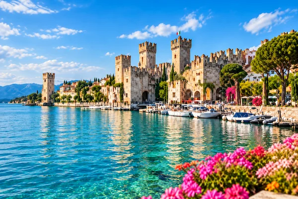Sirmione Castle on Lake Garda during a private transfer from Milan