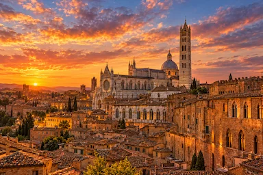 Historic centre of Siena and Siena Cathedral at sunset