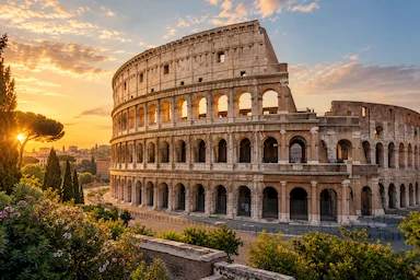 Colosseum in Rome at sunset, historic Roman amphitheatre