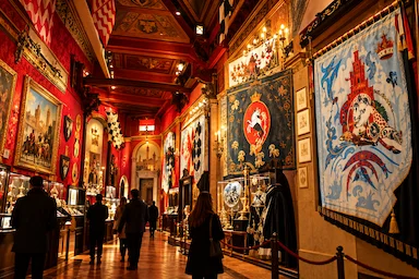 Interior of a Siena contrada museum with historic flags, banners and traditional Palio di Siena decorations.