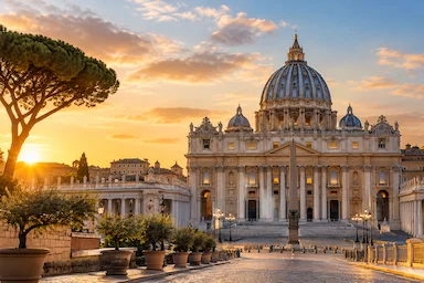 St. Peter's Basilica in Vatican City, Rome, illuminated by the golden sunset