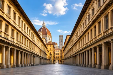 Uffizi Gallery corridor in Florence with view toward the Duomo during a private transfer from Milan to Florence