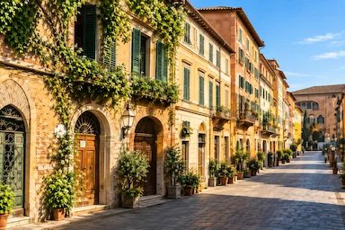 Historic street in Pisa city center with traditional Tuscan buildings