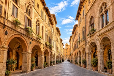 Historic street in Siena city centre with medieval arcades