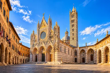 Siena Cathedral and its Gothic architecture in the historic centre of Siena, Tuscany.