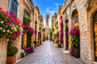 Historic centre of Sirmione with stone streets and flowers