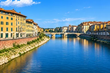 Arno River in Pisa with historic buildings and bridges