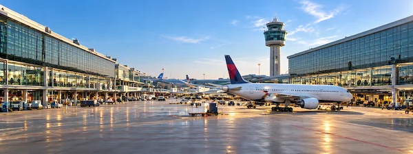 Milan Malpensa Airport runway with aircraft and terminal