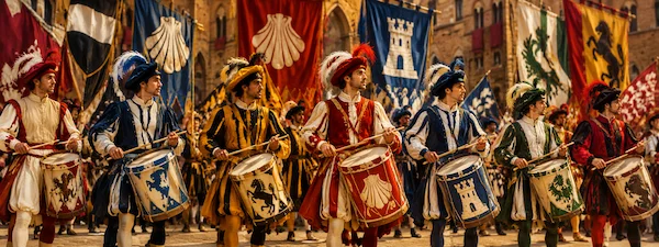 Historical parade of the Palio di Siena with traditional drummers in colourful costumes and flags representing Siena's contrade.