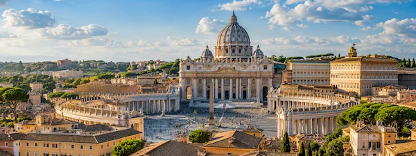 Panoramic view of St. Peter's Basilica and St. Peter's Square in Vatican City, Rome