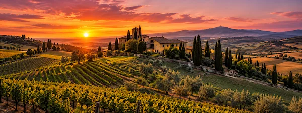 Tuscan countryside near Siena with vineyards and cypress trees at sunset