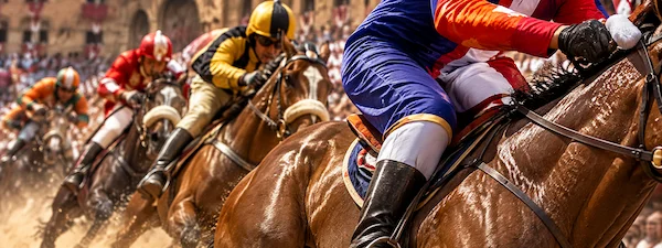 Jockeys riding horses during the traditional Palio di Siena horse race in Piazza del Campo.