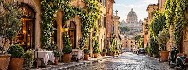 Charming cobblestone street in Rome with outdoor restaurants and St. Peter's Basilica in the background